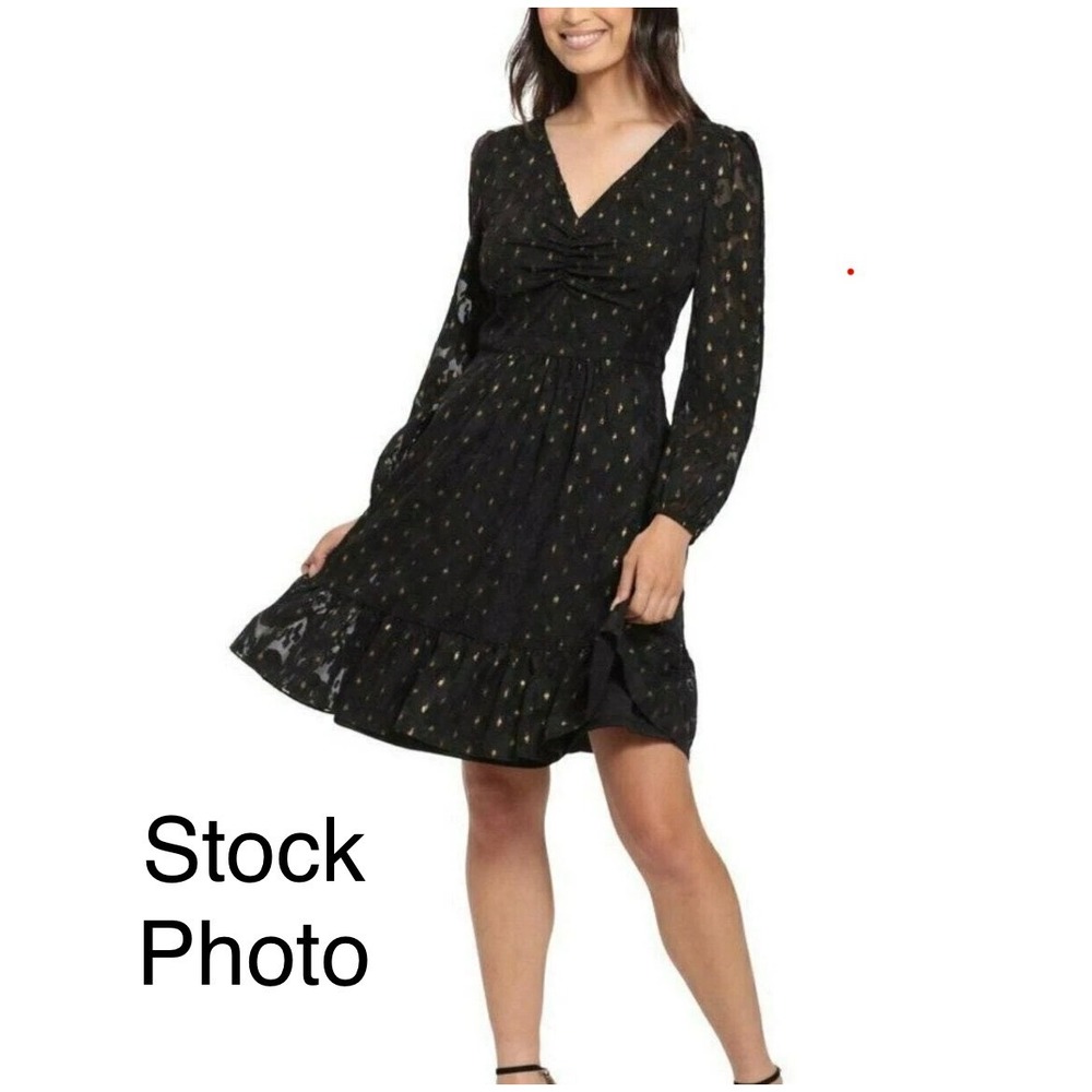 London Times Black Gold Metallic Clip Dot V-Neck Ruffle Hem Dress Plus Size 18